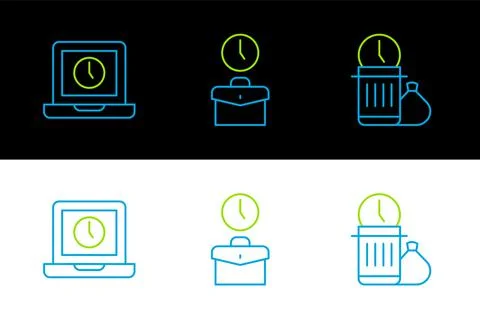 Set line Waste of time, Laptop and Work icon. Vector Stock Illustration