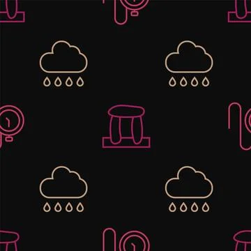 Set line Watch with a chain, Cloud rain and Stonehenge on seamless pattern Stock Illustration