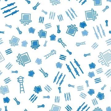 Set line Watch tower, Barbed wire and Paper shredder on seamless pattern. Vector Illustrazione stock