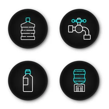 Set line Water cooler, Bottle of water, tap and Big bottle with clean icon... Stock Illustration
