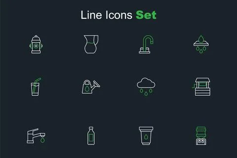 Set line Water cooler, filter cartridge, Bottle of water, tap, Well, Cloud .. Stock Illustration