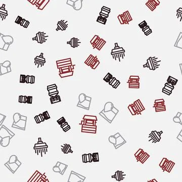Set line Water cooler, Shower, Glass with water and Well on seamless pattern Stock Illustration