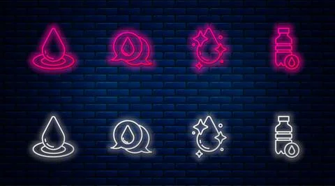 Set line Water drop, ,  and Bottle of water. Glowing neon icon on brick wal.. Stock Illustration