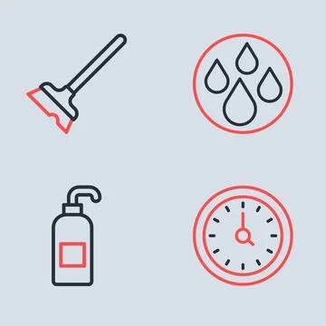 Set line Water drop, Antibacterial soap, Clock and Mop icon. Vector Stock Illustration