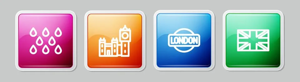 Set line Water drop, Big Ben tower, London sign and Flag of Great Britain. .. Stock Illustration