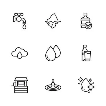 Set line Water drop, Bottle of water with glass, Big bottle clean, tap, Ice.. Stock Illustration