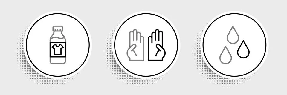 Set line Water drop, Bottle for cleaning agent and Rubber gloves icon. Vector Stock Illustration