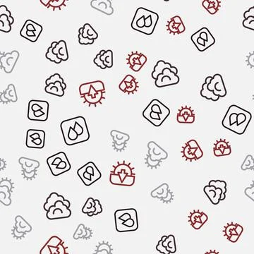 Set line Water drop, Cloud, Sun and cloud weather and Sunset on seamless pattern Stock Illustration