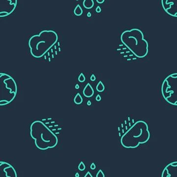 Set line Water drop, Cloud with rain and Earth globe on seamless pattern. Vec Illustrazione stock