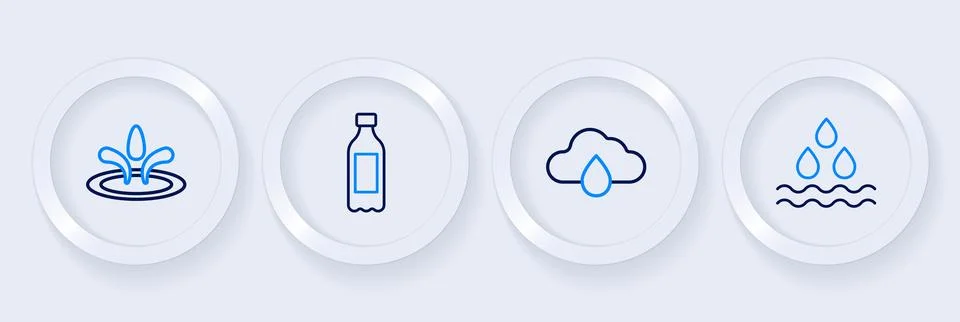 Set line Water drop, Cloud with rain, Bottle of water and  icon. Vector Illustrazione stock
