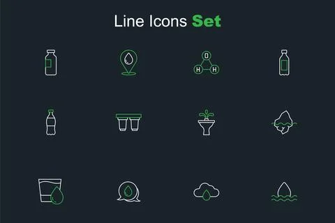 Set line Water drop, Cloud with rain, speech bubbles, Glass water, Iceberg,.. Illustrazione stock