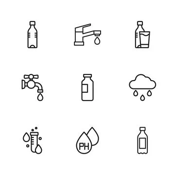 Set line Water drop, Cloud with rain, Bottle of water, glass, tap and  icon.. Stock Illustration
