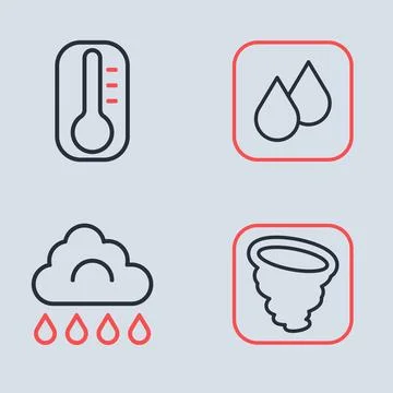 Set line Water drop, Cloud with rain, Tornado and Thermometer icon. Vector Stockillustratie