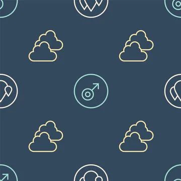 Set line Water drop, Cloudy weather and Mars symbol on seamless pattern. Vector イラスト素材