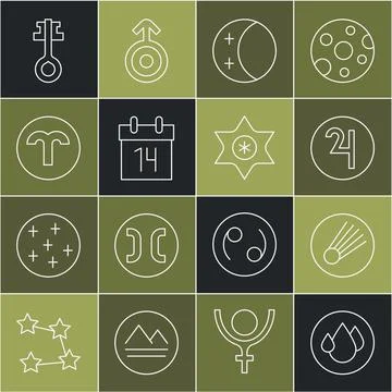 Set line Water drop, Comet, Symbol Jupiter, Eclipse of the sun, Calendar, Aries Illustrazione stock