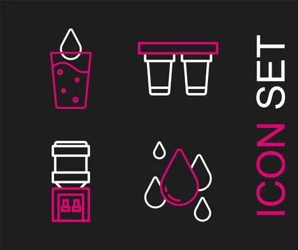 Set line Water drop, cooler, filter and Glass with water icon. Vector Stock Illustration