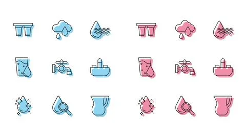 Set line Water drop, Drop and magnifying glass, filter, Jug with water, tap.. Stock Illustration