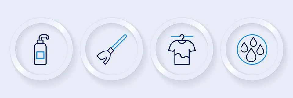 Set line Water drop Drying clothes Handle broom and Antibacterial soap icon.  Illustration