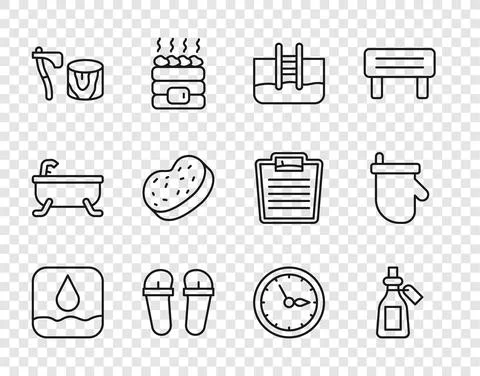 Set line Water drop, Essential oil bottle, Swimming pool with ladder, Flip flops Stock Illustration