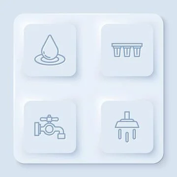 Set line Water drop, filter, tap and Shower. White square button. Vector Stock Illustration