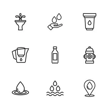 Set line Water drop, Fire hydrant, with location, Bottle of water, filter c.. Stock Illustration