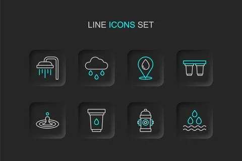 Set line Water drop, Fire hydrant, filter cartridge, with location, Cloud r.. Stock Illustration