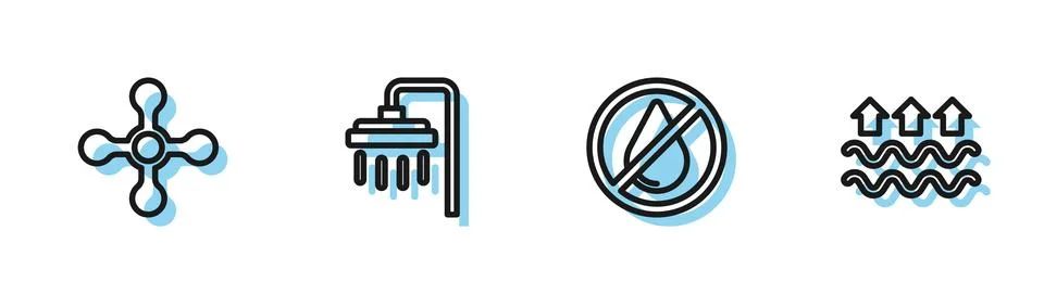 Set line Water drop forbidden, tap, Shower and Waves of water and evaporati.. Stock Illustration