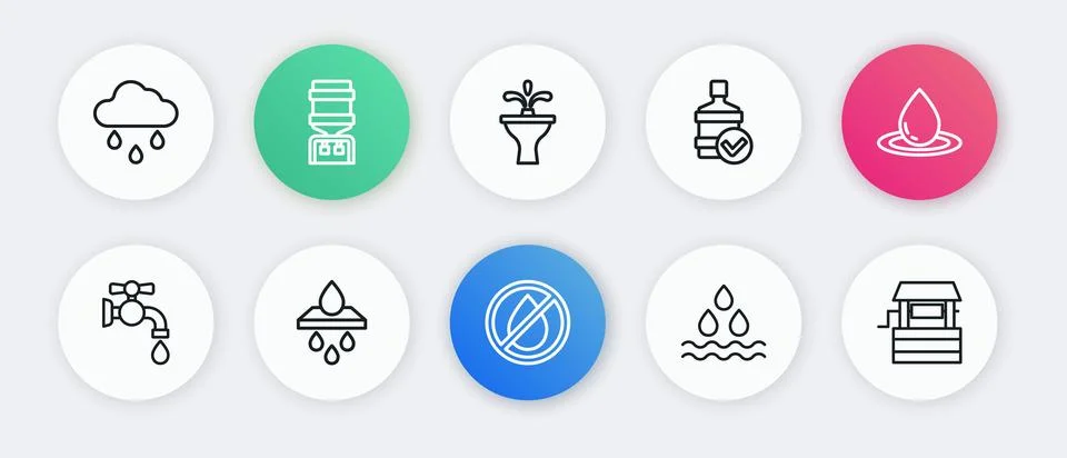 Set line Water drop forbidden, tap, Big bottle with clean water, Fountain, .. Stock Illustration