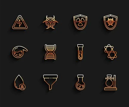 Set line Water drop, Funnel or filter, High voltage sign, Test tube and fla.. Ilustração Stock