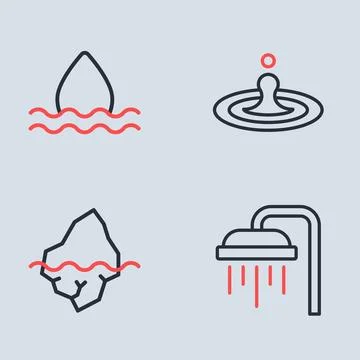 Set line Water drop, Iceberg, Shower and  icon. Vector Stock Illustration
