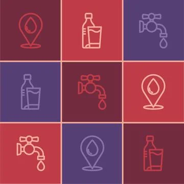 Set line Water drop with location, tap and Bottle of water glass icon. Vector Illustration