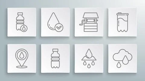 Set line Water drop with location, Bottle of water, Recycle clean aqua, Cloud Stock Illustration