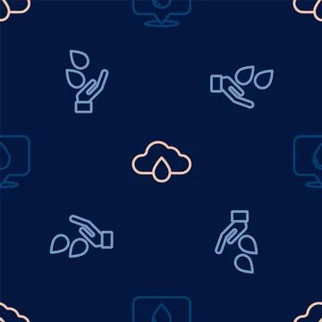 Set line Water drop with location, Washing hands soap and Cloud rain on seamless Illustrazione stock