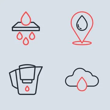 Set line Water drop with location, jug filter, Cloud rain and cartridge ico.. Stockillustratie