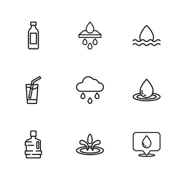 Set line Water drop, with location, Cloud rain, Bottle of water, filter car.. Stock Illustration