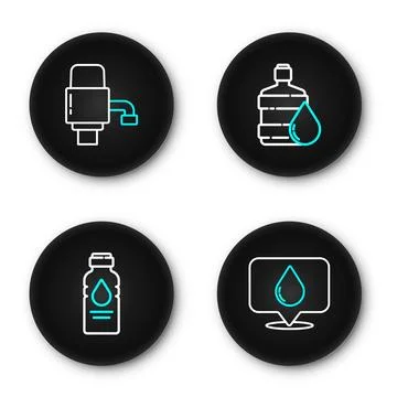 Set line Water drop with location, Bottle of water, Big bottle clean and Me.. Stock Illustration