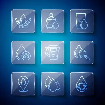 Set line Water drop with location, Recycle clean aqua, Glass water, jug fil.. Stock Illustration