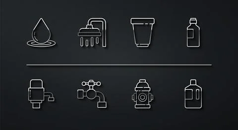 Set line Water drop, Mechanical pump for water, Bottle of, Fire hydrant, tap, Stock Illustration