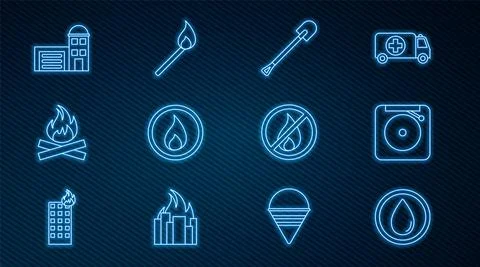Set line Water drop, Ringing alarm bell, Fire shovel, flame, Campfire, Building Ilustración de archivo