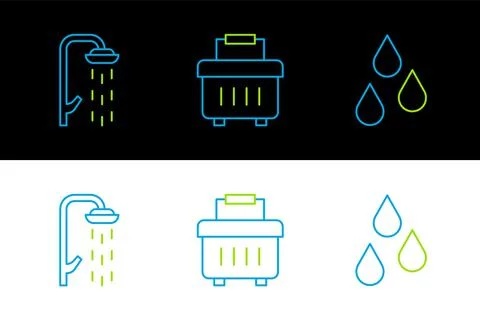 Set line Water drop, Shower and Toolbox icon. Vector Ilustração Stock
