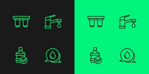 Set line Water drop with speech bubbles, Big bottle clean water, filter Stock Illustration