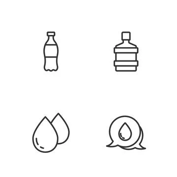 Set line Water drop with speech bubbles, Bottle of water and Big bottle clean Illustrazione stock