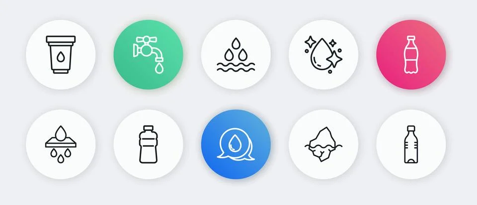 Set line Water drop with speech bubbles, Bottle of water, filter cartridge,.. Stock Illustration