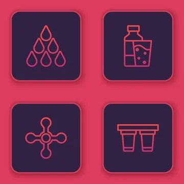 Set line Water drop, tap, Bottle of water with glass and filter. Blue square  Illustration