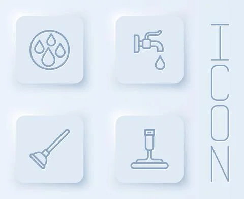 Set line Water drop, tap, Rubber plunger and cleaner for windows. White square Illustration