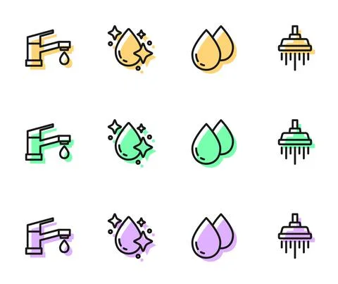 Set line Water drop, tap, and Shower icon. Vector Illustration