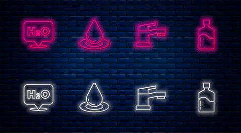 Set line Water drop, tap, Chemical formula for H2O and Big bottle with clea.. Stock Illustration
