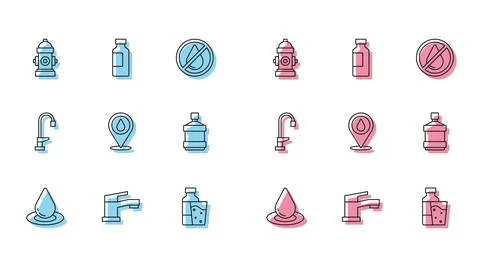 Set line Water drop, tap, Fire hydrant, Bottle of water with glass, locatio.. Stock Illustration