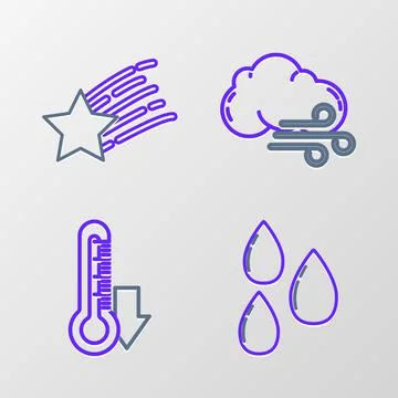 Set line Water drop, Thermometer, Windy weather and Falling star icon. Vector Stock Illustration