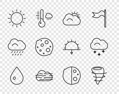 Set line Water drop, Tornado, Sun and cloud, Fog, Moon, Eclipse of the sun .. 스톡 일러스트